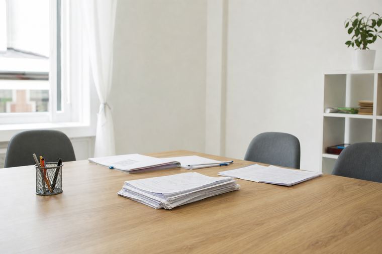 Sedie di legno disposte attorno a un tavolo in una sala vuota e ordinata.