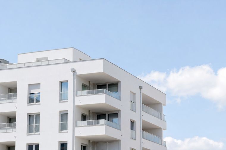 Edificio moderno bianco e verde ripreso dal basso sotto un cielo azzurro limpido.